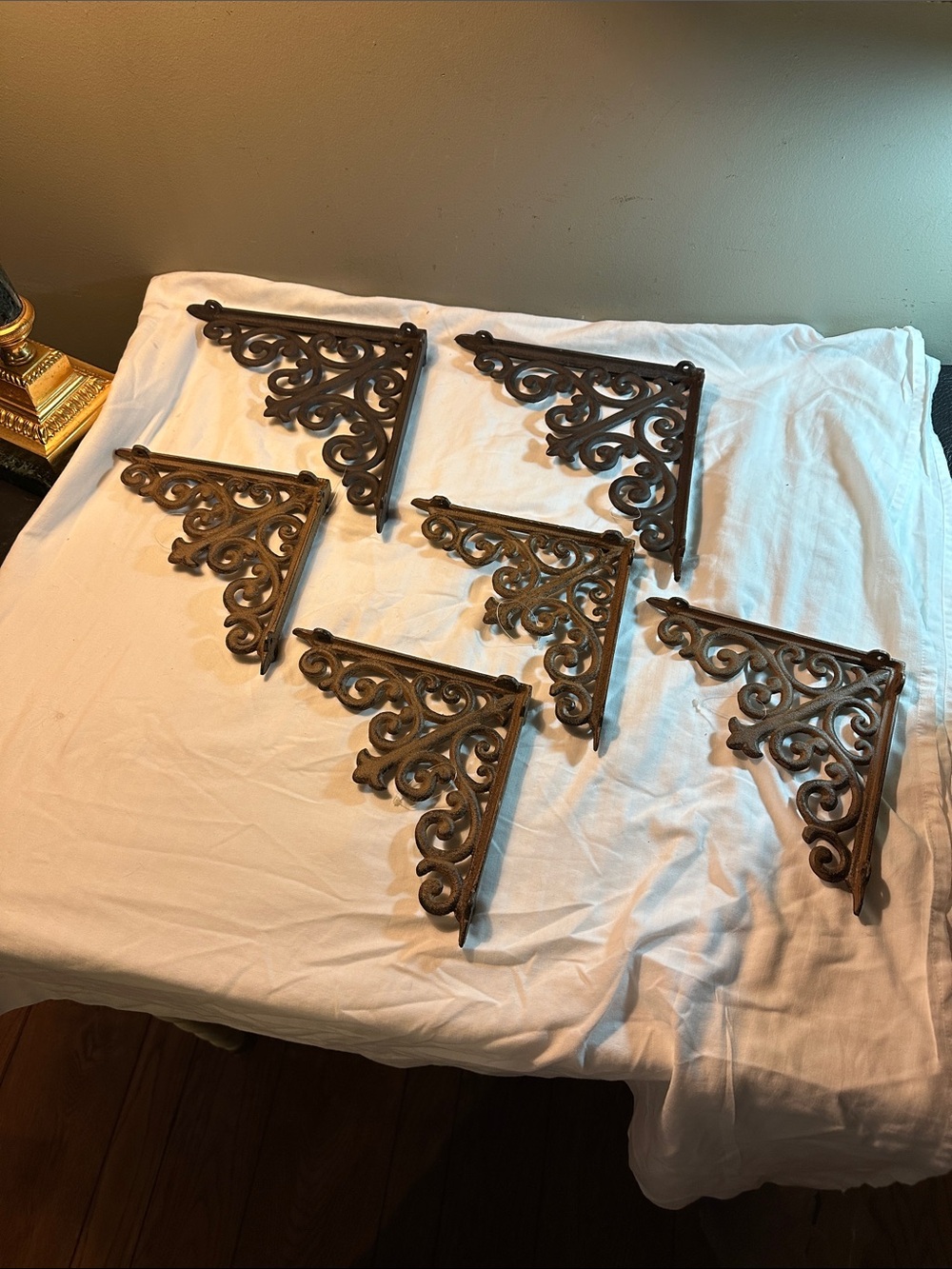 Set of 6 Decorative Cast Iron Shelf Brackets - Rustic Brown and black